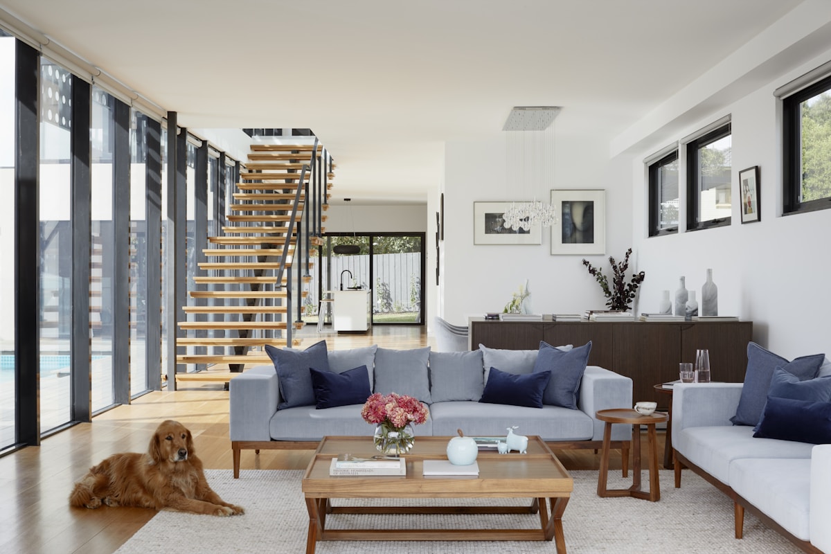 Contemporary living room with geometric wallpaper